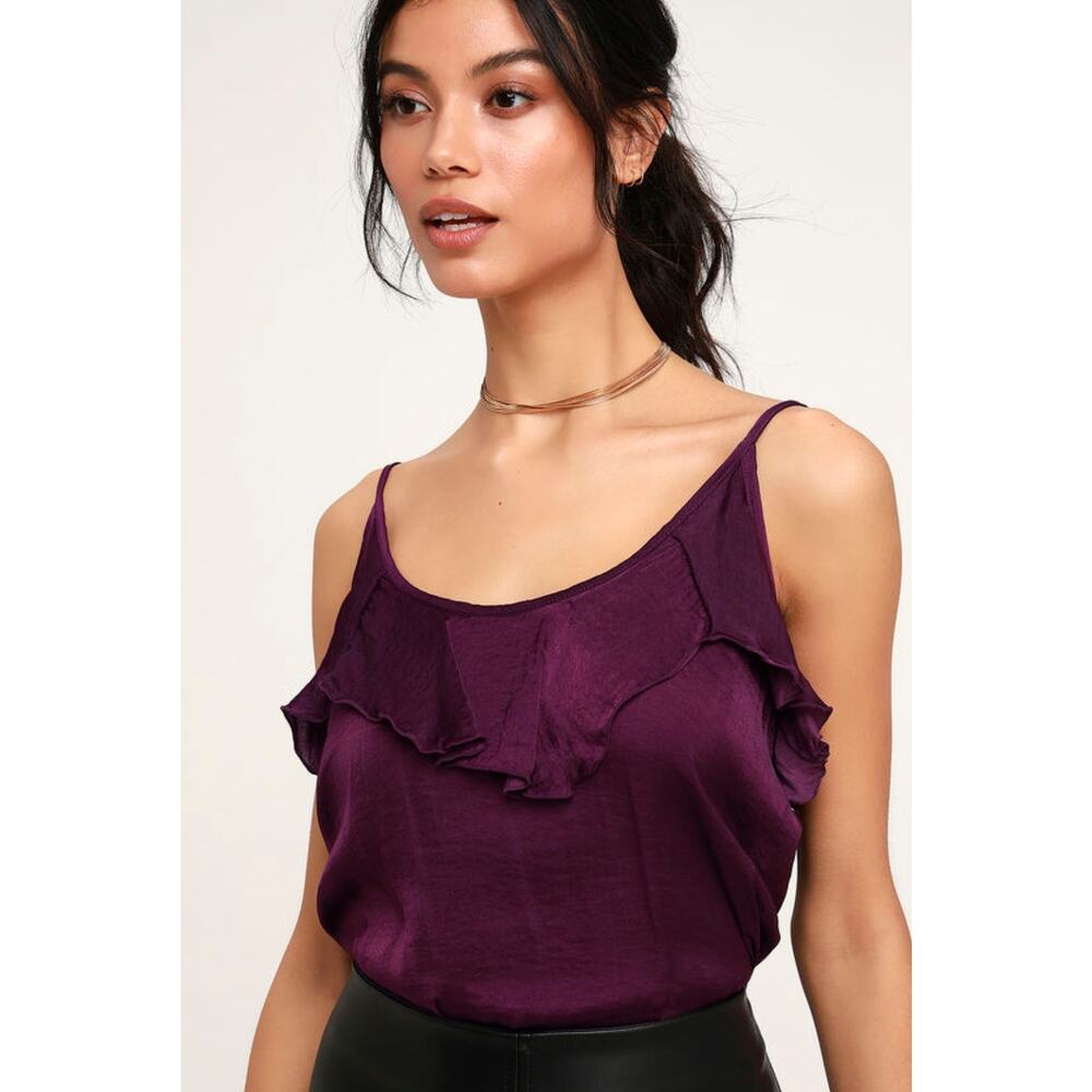 Free People Not Tired Bodysuit Top Satin Ruffled Tank Blouse Small Plum Purple - Picture 6 of 6